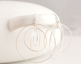 Extra Large Satellite Circle Hoops Sterling Silver Earrings Forged