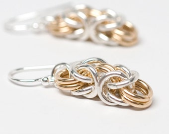 Byzantine Earrings.Sterling silver & 14K gold filled chainmaille earrings.