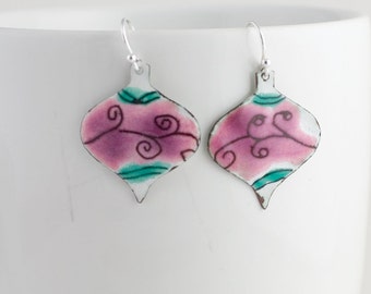 Pink and Teal Ornament Enamel Earrings - OOAK