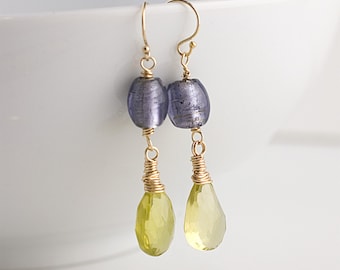 Yellow Citrine and Purple Foil Glass Earrings