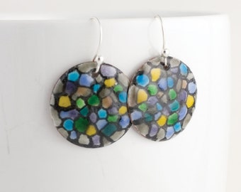 Mosaic Black Multicolored Enamel Earrings - OOAK