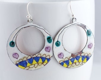 Yellow, Blue and Pink Zig Zag Heart Enamel Hoop Earrings - OOAK