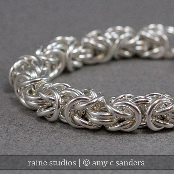 Sterling silver chain mail bracelet oxidised Byzantine weave.