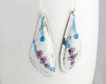 White, Blue and Red Enamel Earrings - OOAK