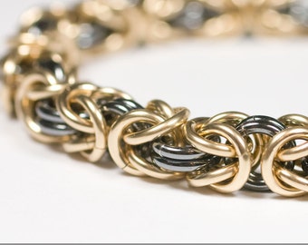 14k Gold Fill And Black Sterling Silver 16g Byzantine Chainmaille Bracelet