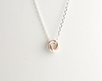 Mini Love Knot Pendant Necklace in Sterling Silver and 14k Rose Gold Filled - Chainmaille Swirl Eternity