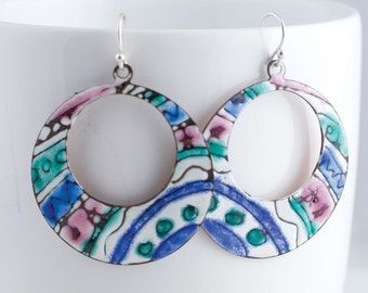 Striped Blue Green and Pink Enamel Hoop Earrings - OOAK