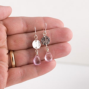 Pink Quartz and Hammered Sterling Disc Earrings image 3