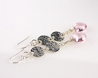 Pink Quartz and 2 Hammered Sterling Disc Earrings