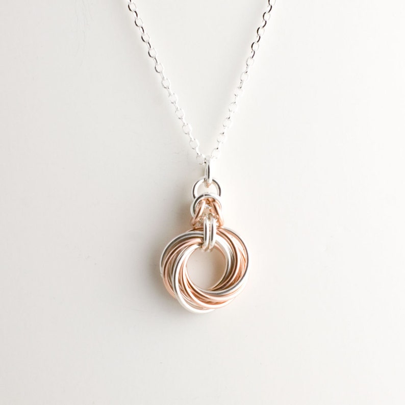 10 Ring Byzantine Love Knot Infinity Necklace Sterling Silver and 14k Rose Gold Fill image 1
