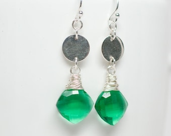 Green Hydroquartz Earrings, Sterling Silver Wrapped from a Sterling Silver disc