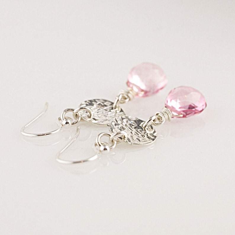 Pink Quartz and Hammered Sterling Disc Earrings image 2