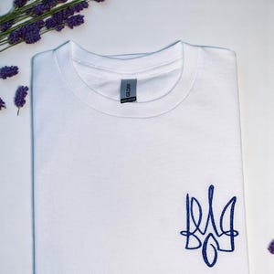 t shirt with ukrainian trident, patriotic, embroidered, adult tshirt, tryzub