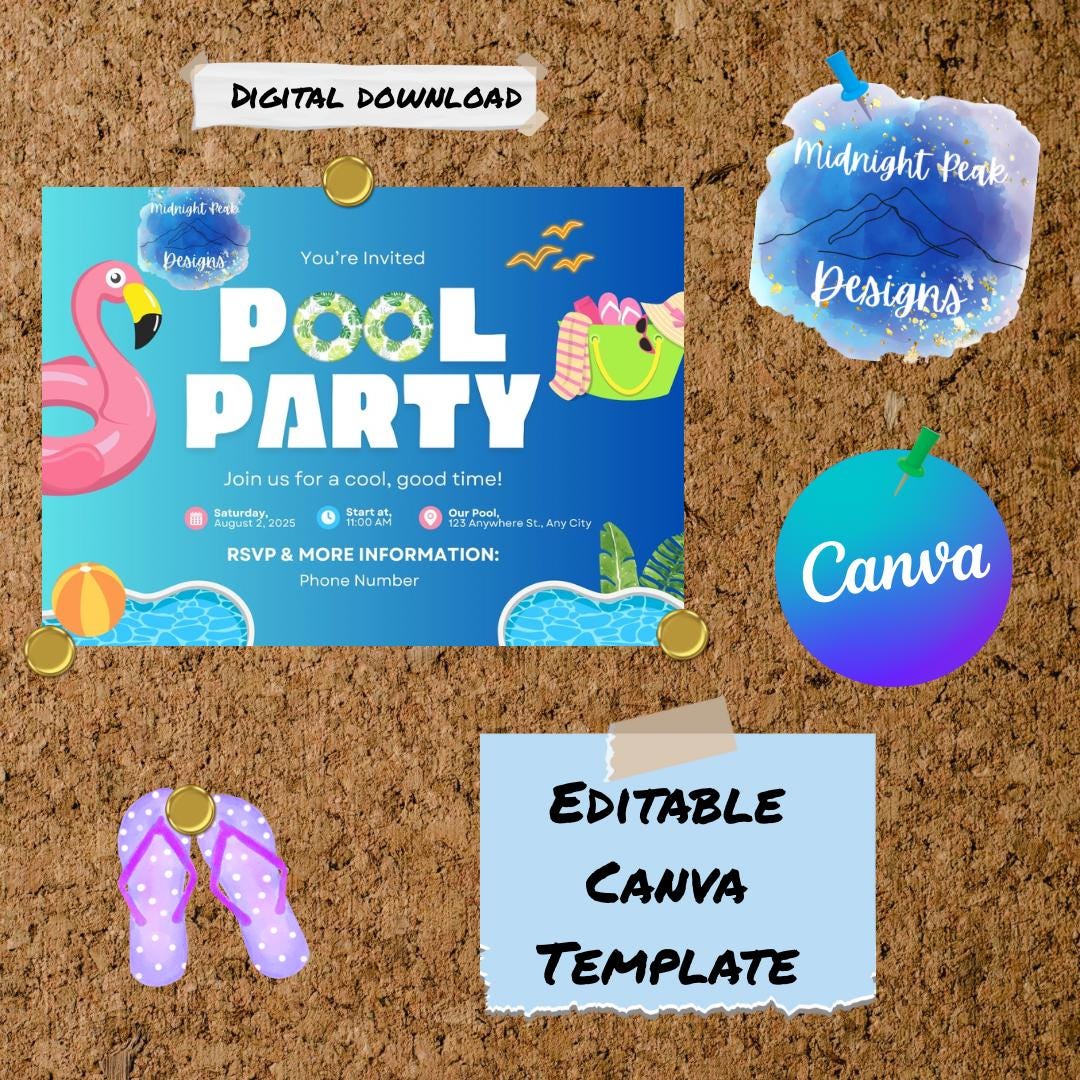 Pool Party Invitation | Canva Template | Downloadable | Editable - Etsy