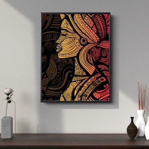 Peut inclure: Impression d'art abstrait représentant un visage de femme de profil, avec des motifs complexes en noir, jaune, orange et rouge. L'œuvre est encadrée en noir.