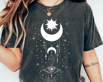 Comfort Colors Celestial Shirt, Sun, Moon, and Evil Eye Design