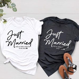 Just Married T-Shirt, Personalized Husband and Wife Couples Honeymoon T-Shirt, Finally Matching Wedding Tee, Mr and Mrs Any Name Any Date