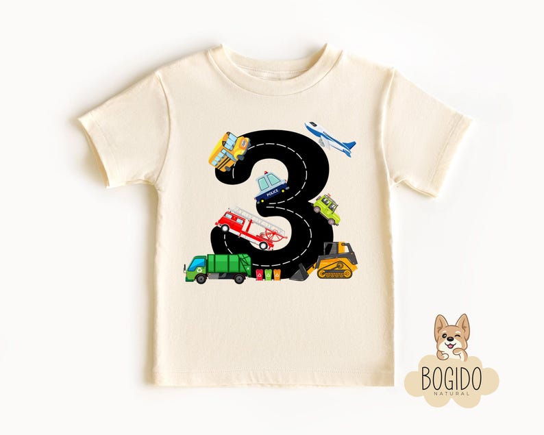 Transportation Helper Vehicles 3rd Birthday T-shirt, Garbage Truck, 3 Year Old Birthday Shirt, Third Birthday Natural Tee, Three Years Old Bild 2