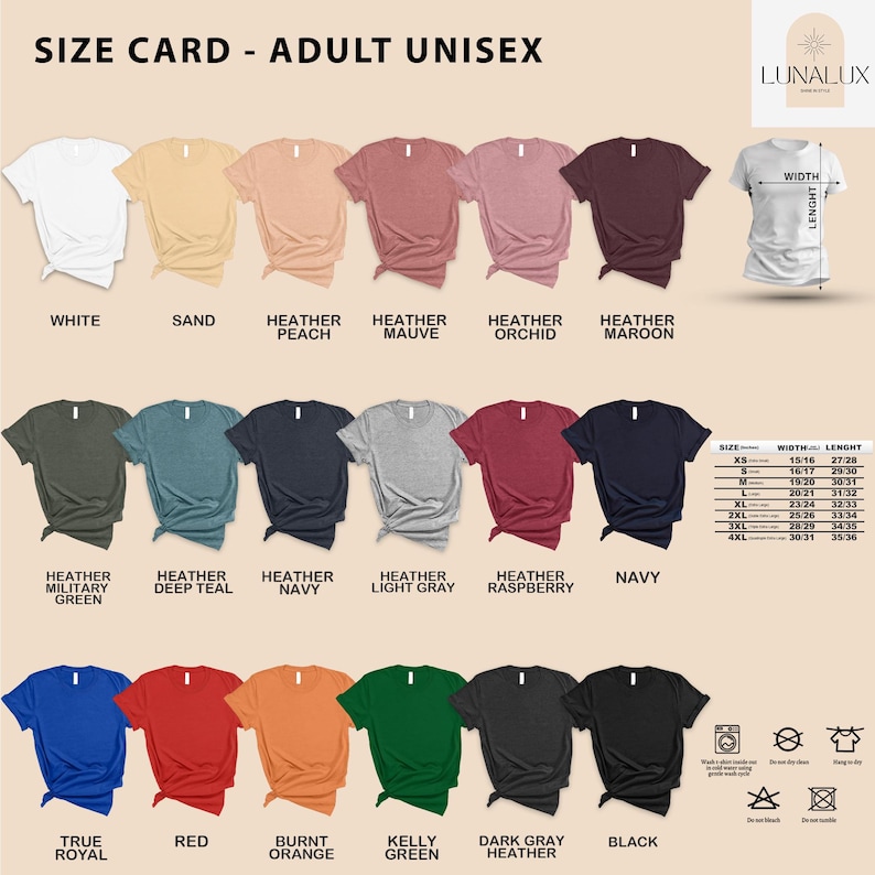a collection of t-shirts in various colors and styles, including white, sand, peach, maroon, and navy, as well as a size card for an adult unisex t-shirt.