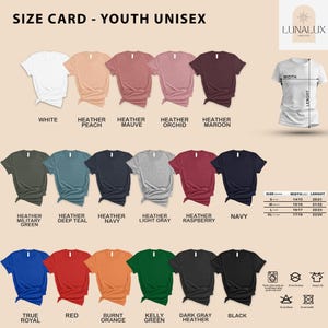 a collection of youth unisex t-shirts in various colors, sizes, and styles, arranged in a size card format.