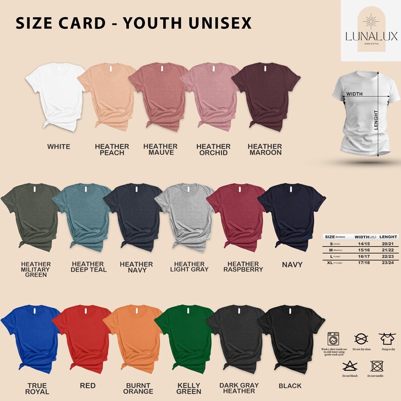 a collection of youth unisex t-shirts in various colors, sizes, and styles, arranged in a size card format.