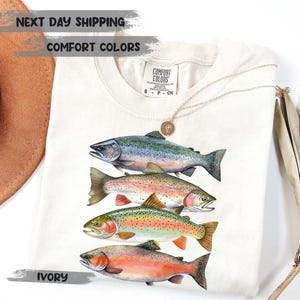 Abstract Colorful Trout In A Row Shirt - River Fish Trout Species Outfit - Fly Fishing Gift - Boho Unisex Crewneck Comfort Colors® Shirt