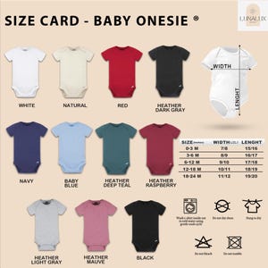 a collection of baby onesies in various colors and sizes, including white, natural, red, navy, baby blue, Heather, Heather, raspberry, navy, baby, Heather, Heather, black, and Heather light gray. The image also includes size and width information for each onesie, as well as icons for washing instructions and care labels.