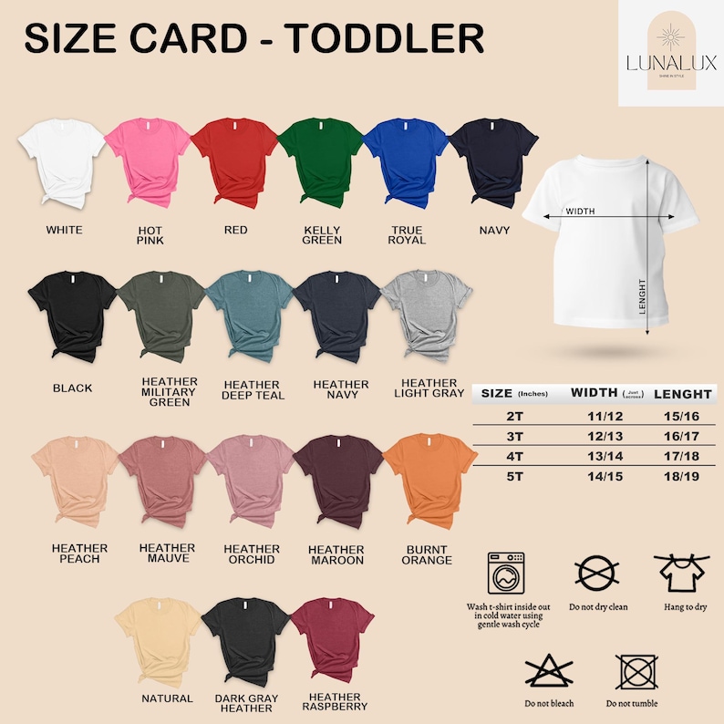 a collection of various t-shirt designs in different colors and sizes, along with corresponding measurements and descriptions.