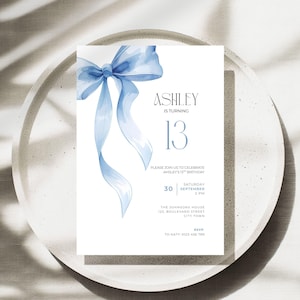 Blue Bow 13th Birthday Invitation Girls: Editable Coquette Template (Digital Download) LF20