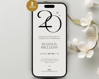May include: A smartphone screen shows a digital invitation for Khadija Williams' 20th birthday. The invitation has a minimalist design with the number "20" in black, and event details. A gold circle indicates "2 Sizes". White flowers are in the background.
