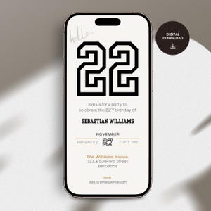 Könnte beinhalten: Ein Smartphone zeigt eine digitale Geburtstagseinladung. Die Einladung zeigt eine große schwarze Zahl "22" und den Text "Feiern Sie mit uns den 22. Geburtstag von Sebastian Williams." Das Datum ist der 27. November.