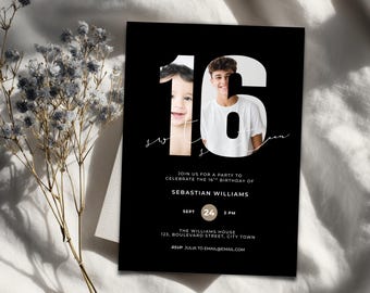 Invitación editable para el 16.º cumpleaños de chicos - Invitación para adolescentes negros de dieciséis años (descarga digital)