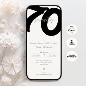 Invitación digital para 70 cumpleaños, invitación para fiesta de setenta, brunch editable para 70 cumpleaños con E-mail, plantilla de invitación de cumpleaños, cumpleaños móvil para mujer y hombre