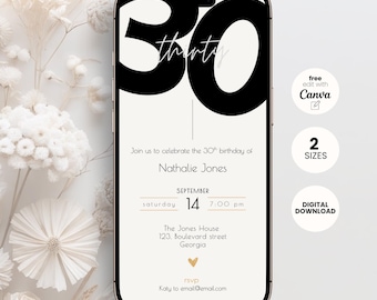 Editable 30th Birthday Invitation Template Woman, Digital Stylish Thirty Party Invite (Digital Download)