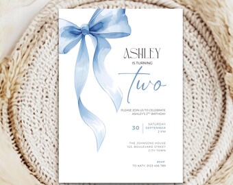 Invitación de segundo cumpleaños para niñas con lazo azul claro - Invitación para la segunda fiesta (descarga digital)