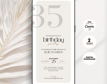 Plantilla de invitación editable para 35 cumpleaños, elegante, para hombre y mujer (descarga digital)