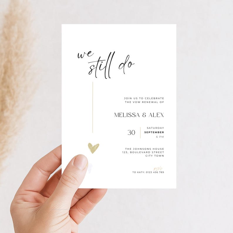 Minimalistic and elegant “We Still Do” wedding anniversary invitation with modern handwritten typography in black and white. This digital download can be used as an evite, phone text invitation, or printable card for a vow renewal, golden wedding, silver anniversary, or bronze celebration. The simple and timeless layout creates a sophisticated atmosphere for couples celebrating lasting love with style and grace.