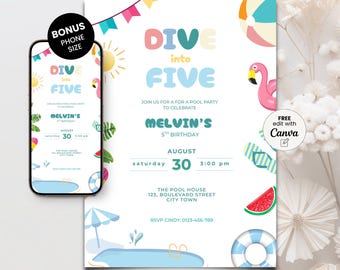 Splashing Water Fun 5th Birthday Invite, Editable Digital Invitation Template for Summer Party