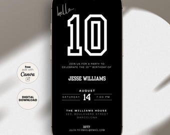 May include: A black smartphone displays a birthday party invitation. The invitation features a large white number "10" and the text "Join us for a party to celebrate the 10th birthday of Jesse Williams." The date is August 14th.