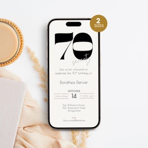 Digital 70th Birthday Invitation, Seventy Party Invite, Editable 70th Brunch Evite, Gold Birthday Invite Template, Mobile Bday For Her Evite
