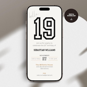 Minimal 19th birthday invitation template for men or woman with a clean, modern layout. Perfect for a digital birthday invite, party invitation, or birthday announcement. Ideal for anyone turning nineteen and planning a stylish celebration.