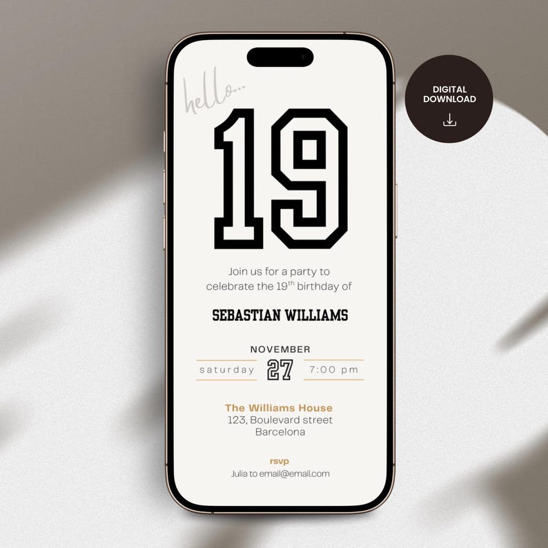 Minimal 19th birthday invitation template for men or woman with a clean, modern layout. Perfect for a digital birthday invite, party invitation, or birthday announcement. Ideal for anyone turning nineteen and planning a stylish celebration.