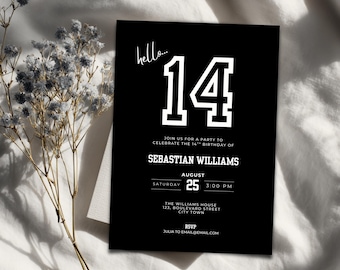 Invitación editable para el 14.º cumpleaños de un niño: fiesta deportiva minimalista en negro, descarga digital.