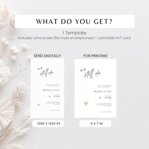 Minimalistic and elegant “We Still Do” wedding anniversary invitation with modern handwritten typography in black and white. This digital download can be used as an evite, phone text invitation, or printable card for a vow renewal, golden wedding, silver anniversary, or bronze celebration. The simple and timeless layout creates a sophisticated atmosphere for couples celebrating lasting love with style and grace.