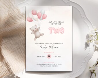 Invitación de segundo cumpleaños para niñas: Plantilla digital editable con globos de oso.