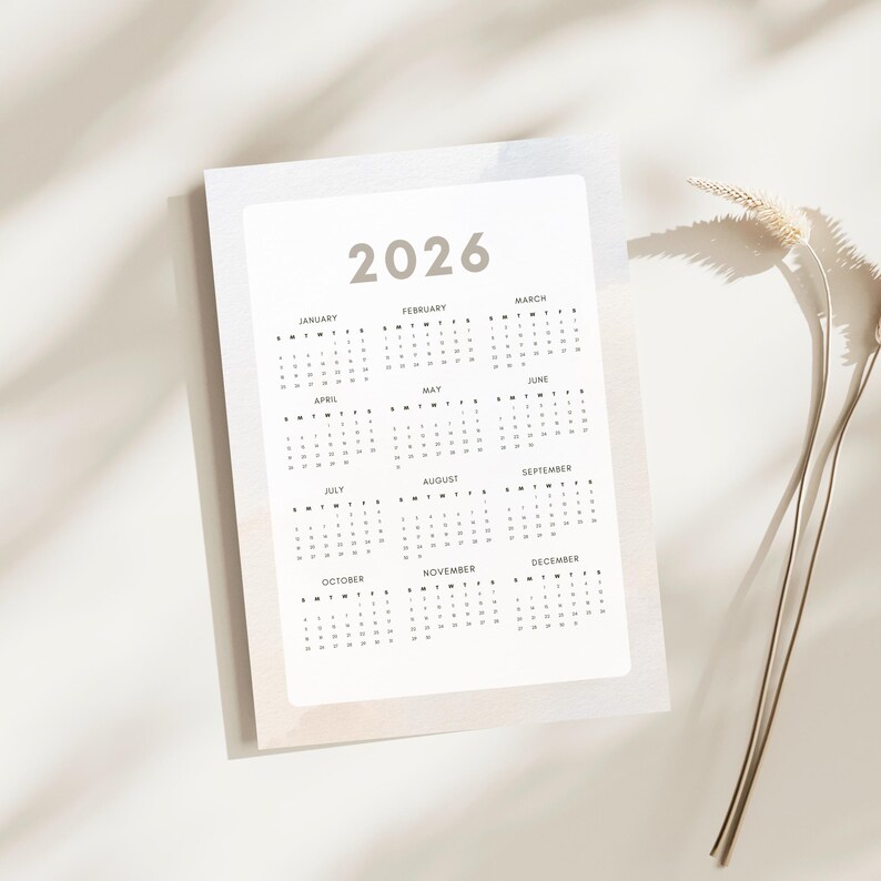 Yearly Calendar 2026 Year at a Glance Calendar One Page PDF Desk ...