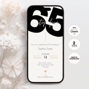 Digital 65th Birthday Invitation Template, Sixty Five Party Invite, Elegant Electronic Evite, 60th Anniversary Woman and Man, Editable Canva