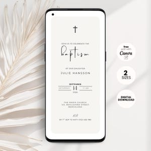 以下が含まれることがあります： スマートフォン画面に表示された洗礼のデジタル招待状。招待状には十字架、「洗礼」という言葉、イベントの詳細が記載されています。追加テキスト:「free edit with Canva」、「2 sizes」、「digital download」.