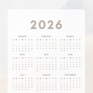 Yearly Calendar 2026 Year at a Glance Calendar One Page PDF Desk Calendar 2026 Printable Calendar Minimal Calendar A4 us letter PDF & JPG
