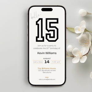 Elegant 15th birthday invitation template for boys with a clean, modern layout. Perfect for a digital birthday invite, party invitation, or birthday announcement. Ideal for anyone turning fifteen and planning a stylish celebration.